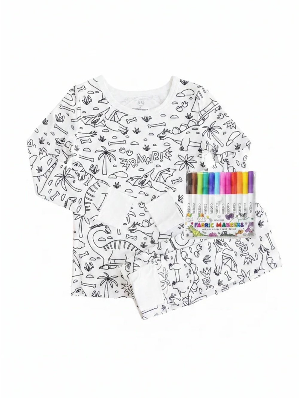 Caden Lane Kids White Dinosaur Color-Your-Own Pajama Set with Fabric Markers 7